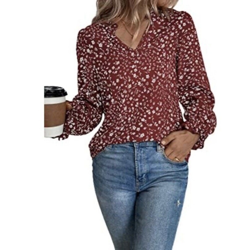 NWOT SHEIN Brick Red Ditsy Floral Long Sleeve Ruffle Blouse Size M - Picture 2 of 9